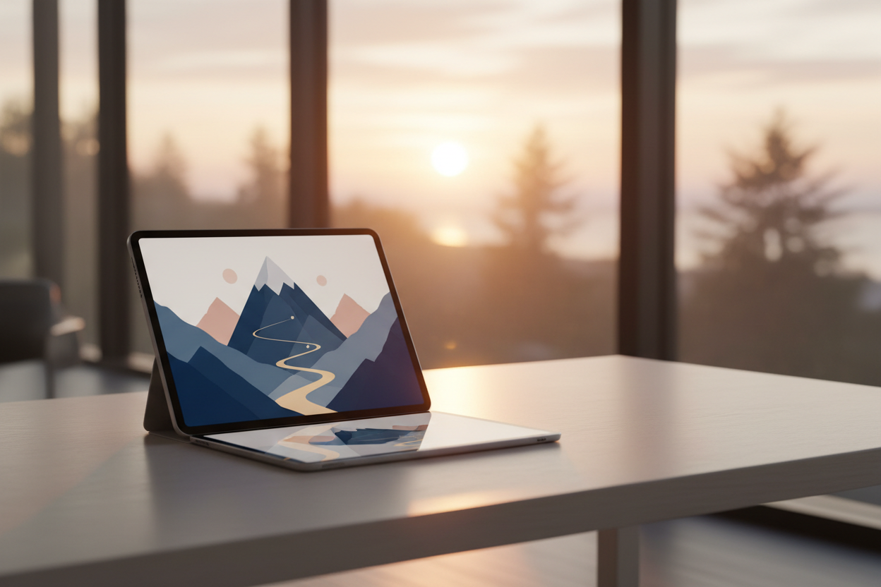 i like the sunset vibe, can you make the tablet not float and remove the year from photo 