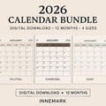 2026 Printable Calendar PDF • Minimalist Wall Calendar • Neutral Sage Charcoal • Letter A4 A3 24x36