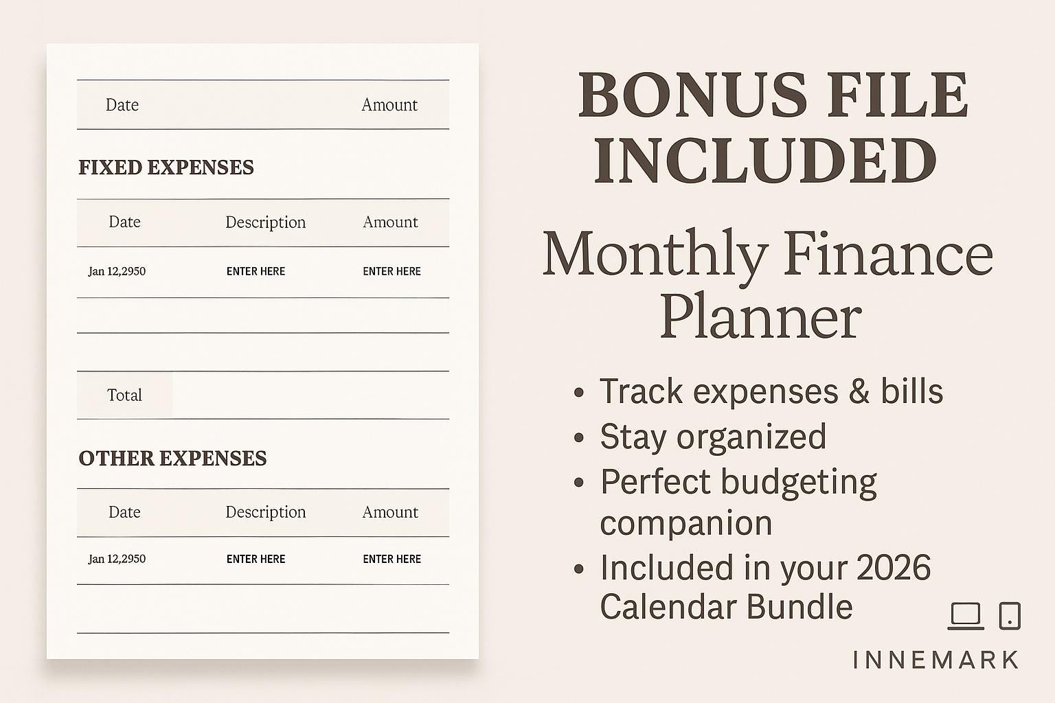 2026 Printable Calendar PDF • Minimalist Wall Calendar • Neutral Sage Charcoal • Letter A4 A3 24x36